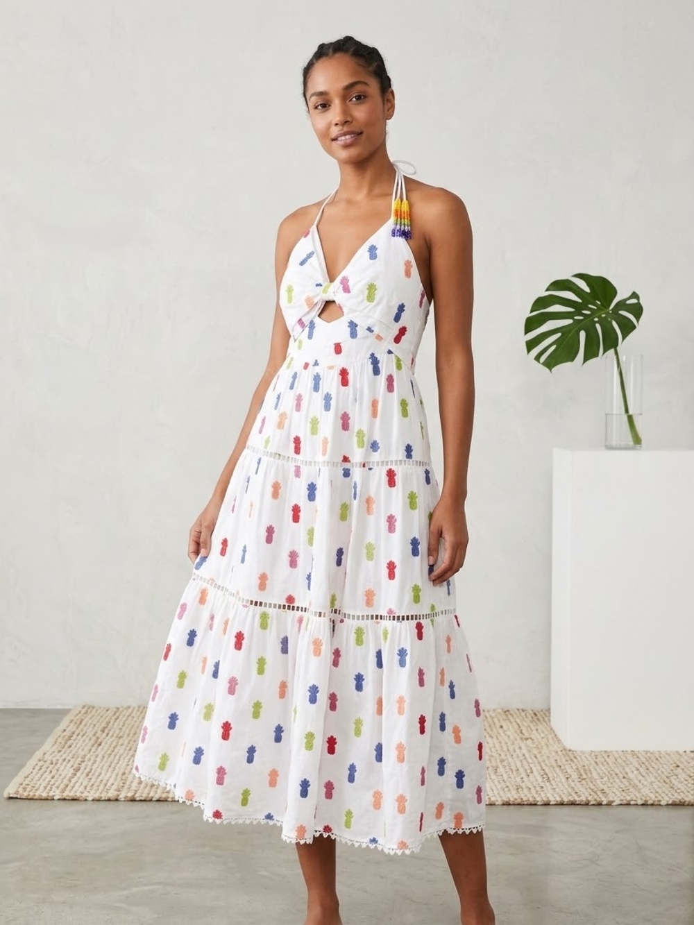 FARM Rio White Halter Midi Dress with Multicolor Embroidery